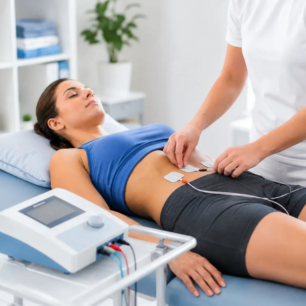 Elektroterapija v fizioterapevtski ambulanti z elektrodami na trebuhu pacientke