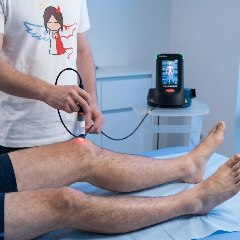 laserska terapija kolena z ročnim medicinskim laserjem v fizioterapevtski ambulanti