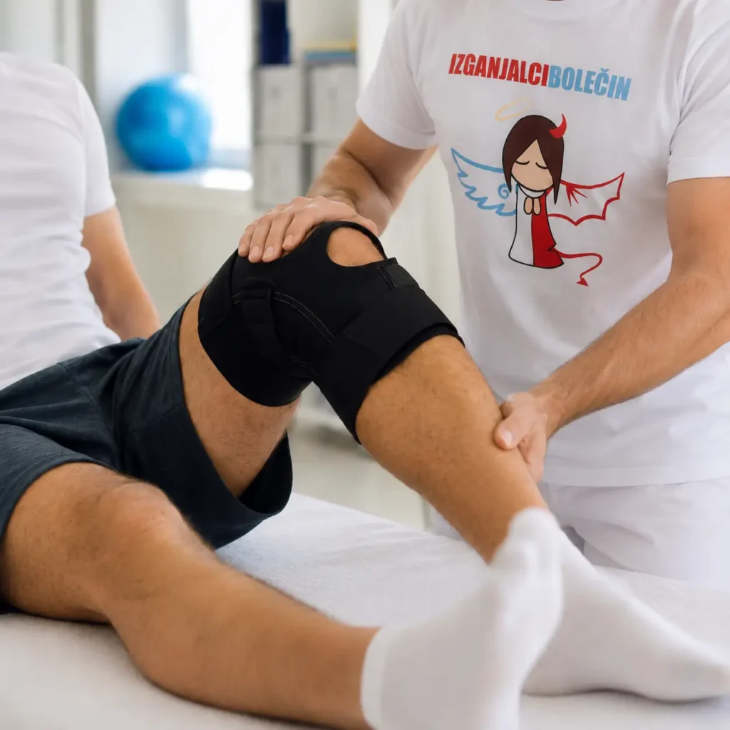 Fizioterapevt izvaja pooperativno rehabilitacijo kolena z opornico